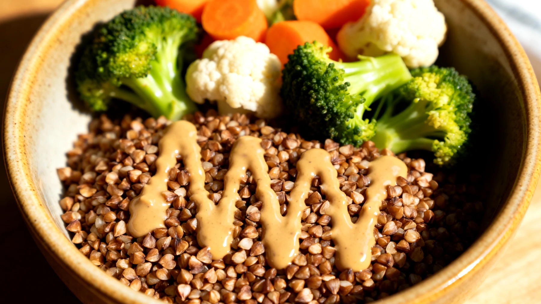 Kasha (gerösteter Buchweizen) mit gedünstetem Gemüse und Tahini-Sauce"